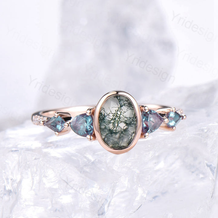 Vintage Bezel Set Oval Moss Agate Engagement Ring | Five Stone Alexandrite Accents - PENFINE