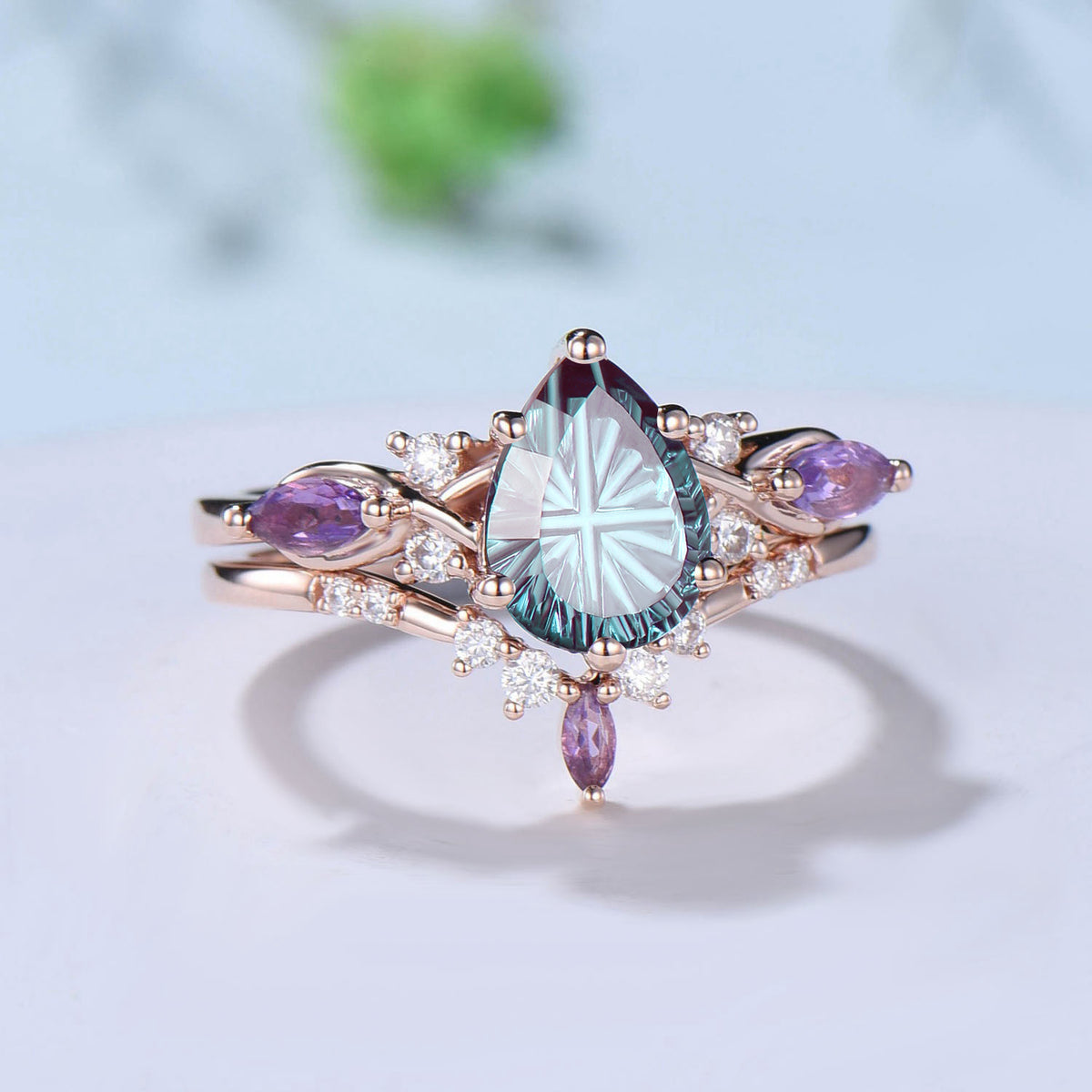 Pear Shaped Fantasy Cut Color-change Alexandrite Wedding Ring Amethyst Diamond Bridal Set