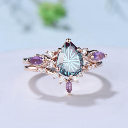 Pear Shaped Fantasy Cut Color-change Alexandrite Wedding Ring Amethyst Diamond Bridal Set