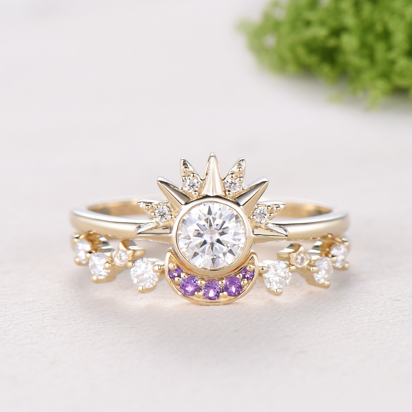 Unique 0.5 Carat Moissanite Ring Crescent Moon Moissanite Engagement Ring Set Sun And Moon Wedding Ring Art Deco Star Bridal Ring Set Women