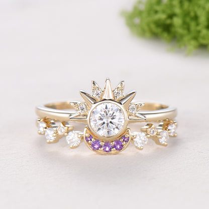Unique 0.5 Carat Moissanite Ring Crescent Moon Moissanite Engagement Ring Set Sun And Moon Wedding Ring Art Deco Star Bridal Ring Set Women