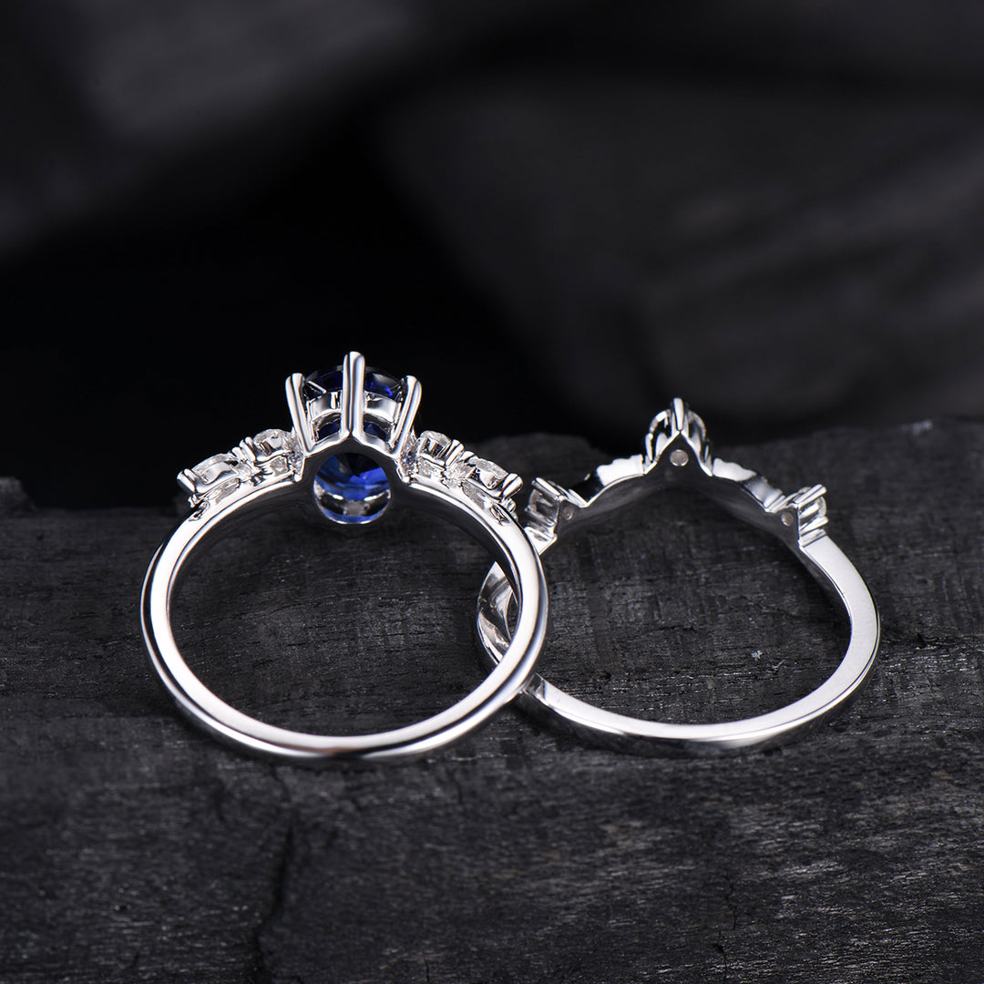 Oval Sapphire Wedding Ring Set Rose Gold Sapphire Diamond Engagement Ring Set Vintage Leaf Stacking Ring Natural Inspired Promise Ring - PENFINE