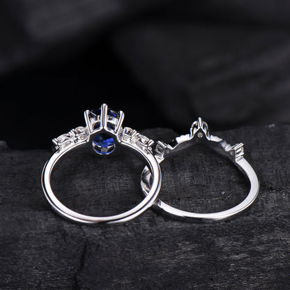 Oval Sapphire Wedding Ring Set Rose Gold Sapphire Diamond Engagement Ring Set Vintage Leaf Stacking Ring Natural Inspired Promise Ring - PENFINE