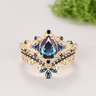 Vintage Pear Alexandrite Engagement Ring Set, 14k Rose Gold, Black Spinel Leaf Vine