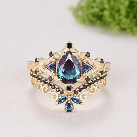 Vintage Pear Alexandrite Engagement Ring Set, 14k Rose Gold, Black Spinel Leaf Vine