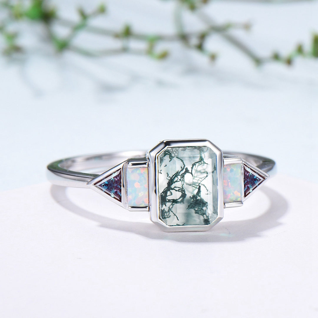 Bezel Set Emerald Cut Moss Agate Engagement Ring Five Stone Baguette Opal & Trillian Alexandrite Wedding Anniversary Ring - PENFINE