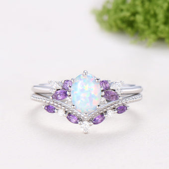 Unique White Opal Engagement Ring Set Alternative Cluster Amethyst Fire Opal Wedding Ring Vintage  Bee Opal Amethyst Bridal Set For Women