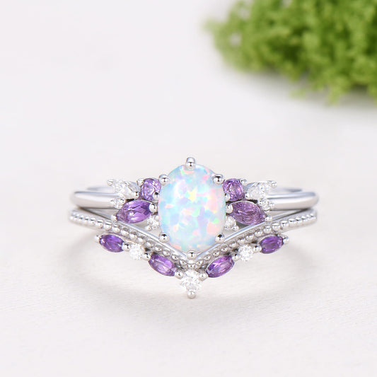 Unique White Opal Engagement Ring Set Alternative Cluster Amethyst Fire Opal Wedding Ring Vintage  Bee Opal Amethyst Bridal Set For Women