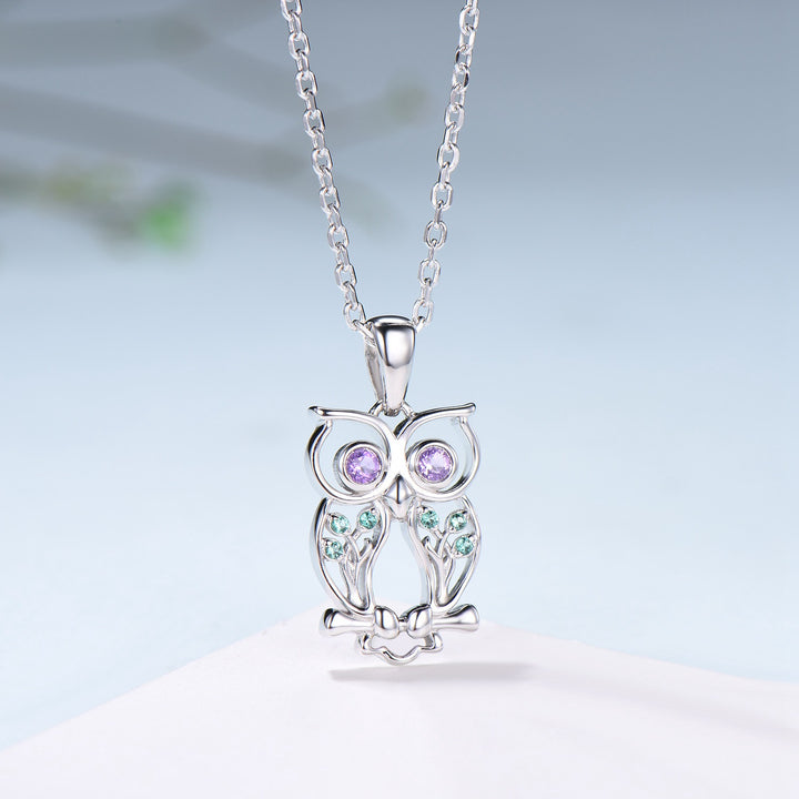 Elegant Owl Pendant Necklace Animal Inspired Amethyst Emerald Pendant Necklace Silver Yellow Gold Emerald Hollow Night Owl Anniversary Gift - PENFINE