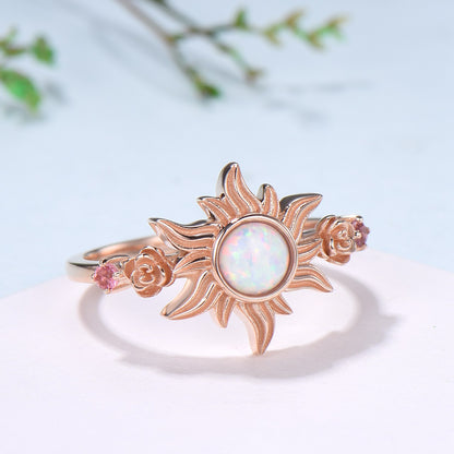 Sunflower ring round fire opal engagement ring nature inspired pink tourmaline wedding ring vintage flower anniversary promise ring for wife - PENFINE