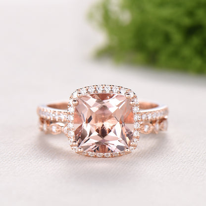 3ct cushion cut natural morganite engagement ring set Vintage 14k rose gold bridal ring set Full eternity Milgrain matching band - PENFINE