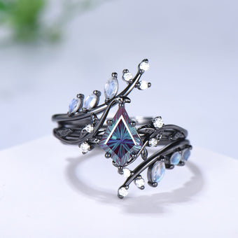 Gothic Black Gold 1.5CT Kite Cut Starburst Alexandrite Moonstone Engagement Ring Set