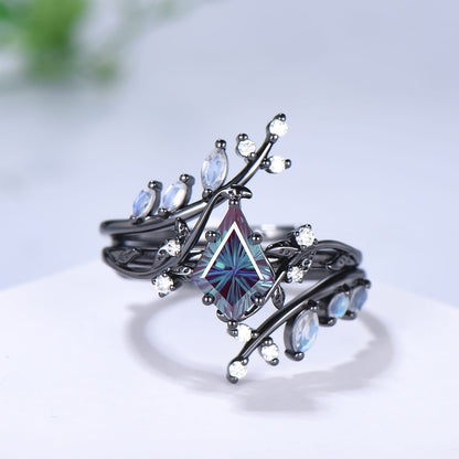 Gothic Black Gold 1.5CT Kite Cut Starburst Alexandrite Moonstone Engagement Ring Set