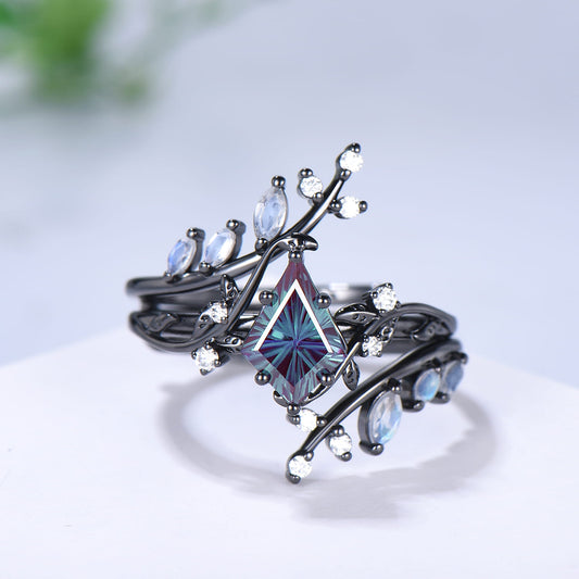 Gothic Black Gold 1.5CT Kite Cut Starburst Alexandrite Moonstone Engagement Ring Set