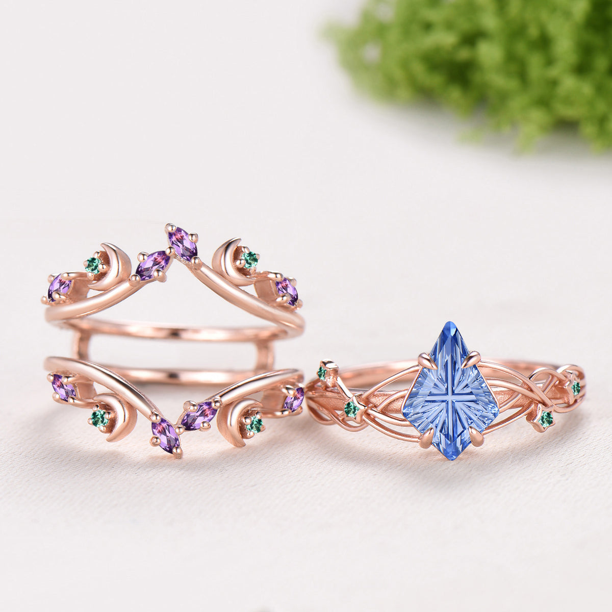 Kite Shaped Fantasy Cut Cornflower Blue Sapphire Twisted Ring Set Amethyst Emerald Enhancer Band