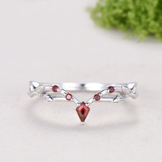Vintage Curved Garnet Wedding Band Split Shank Promise Ring Leaf Vine January Birthstone Stackable Matching Band Evil Eye Wedding Ring Women