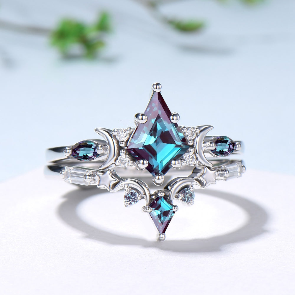 Crescent Moon kite cut alexandrite engagement ring set silver white gold art deco marquise color change birthstone ring 2pcs star bridal set - PENFINE
