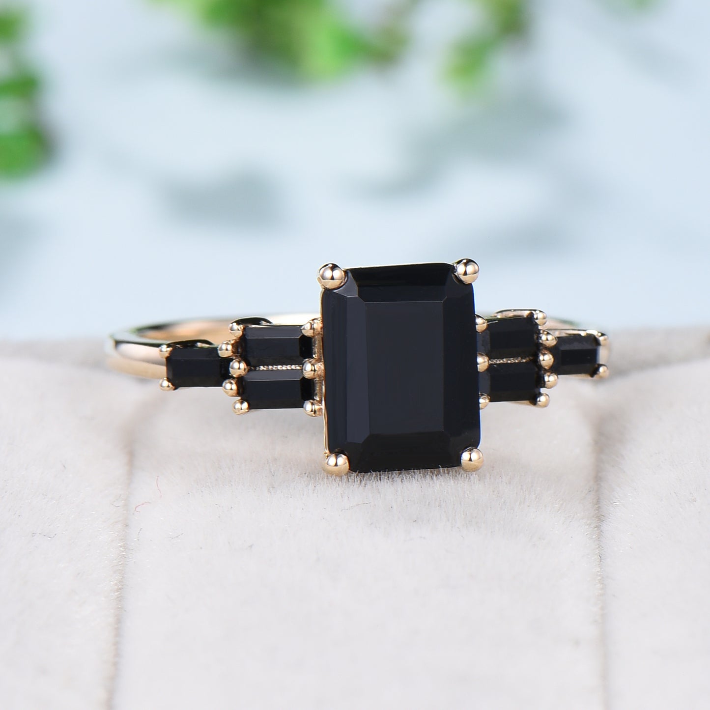 Natural Emerald Cut Black Onyx Engagement Ring Cluster Baguette Rose Gold Black Gemstone Wedding Ring Antique Anniversary Gift For Women - PENFINE