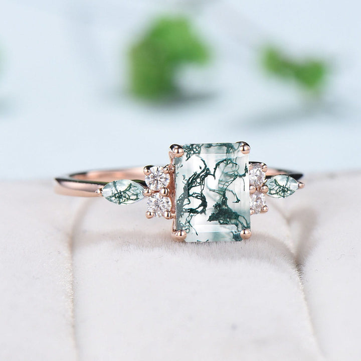 Vintage Emerald Cut Moss Agate Ring Rose Gold Art Deco 7 Stone Cluster Aquatic Agate Engagement Ring Marquise Moss Moissanite Wedding Ring - PENFINE