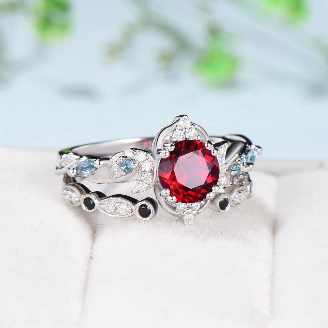 Crescent Moon Ruby Engagement Ring Set Unique Nature Inspired Swiss Topaz Wedding Ring Open Gap Black Spinel Stacking Bridal Ring Set Women - PENFINE