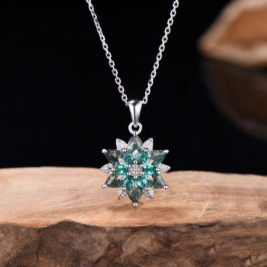 Unique Sunflower Moss Agate Necklace Elegant Natural Inspired Agate Emerald Necklace Double Halo Floral Pendant Leaf Vine Anniversary Gift