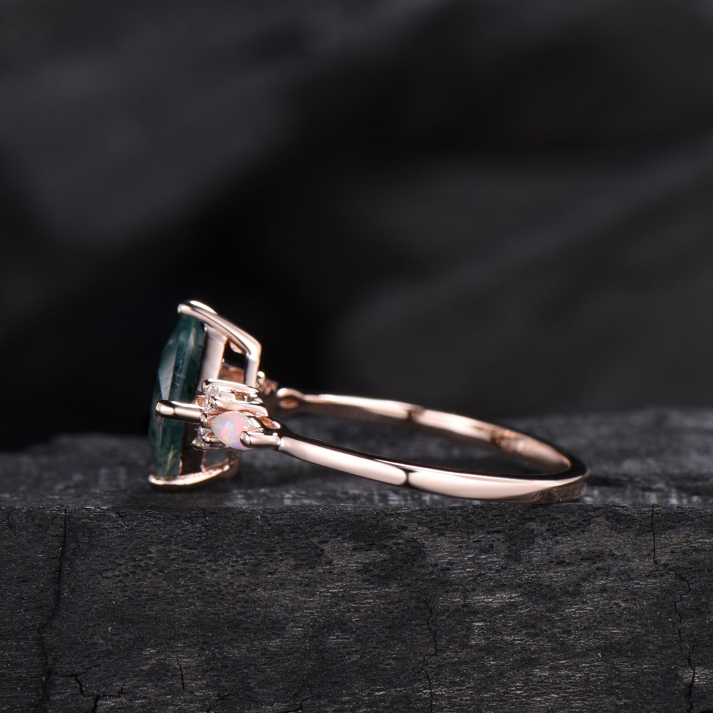 2CT Natural Princess Cut Moss Agate Engagement Ring: Moissanite & Marqusie Opal Accents