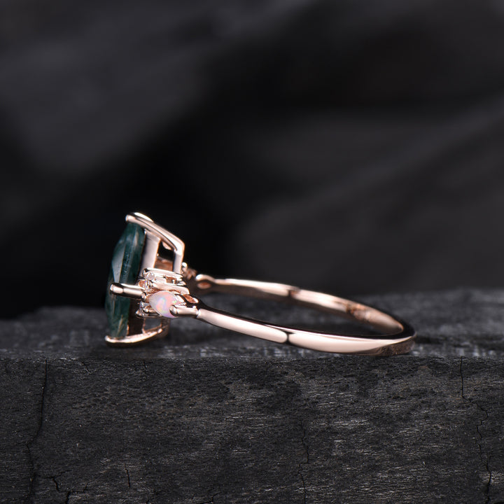 2CT Natural Princess Cut Moss Agate Engagement Ring: Moissanite & Marqusie Opal Accents