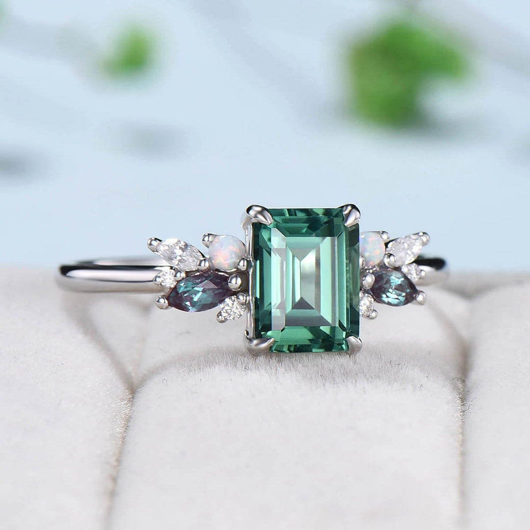 Unique Green Sapphire Engagement Ring Rose Gold Alternative Alexandrite Opal Wedding Ring For Women Vintage Teal Lab Sapphire Promise Ring - PENFINE