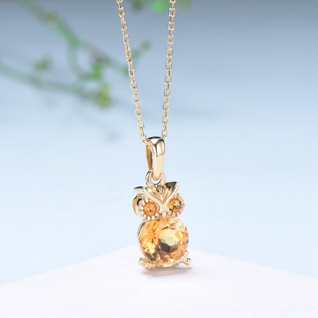 Unique Cute Owl Natural Citrine Wedding Necklace Sterling Silver Yellow Gold Mother's Pendant Animal Inspired Anniversary Gift for Daughter - PENFINE