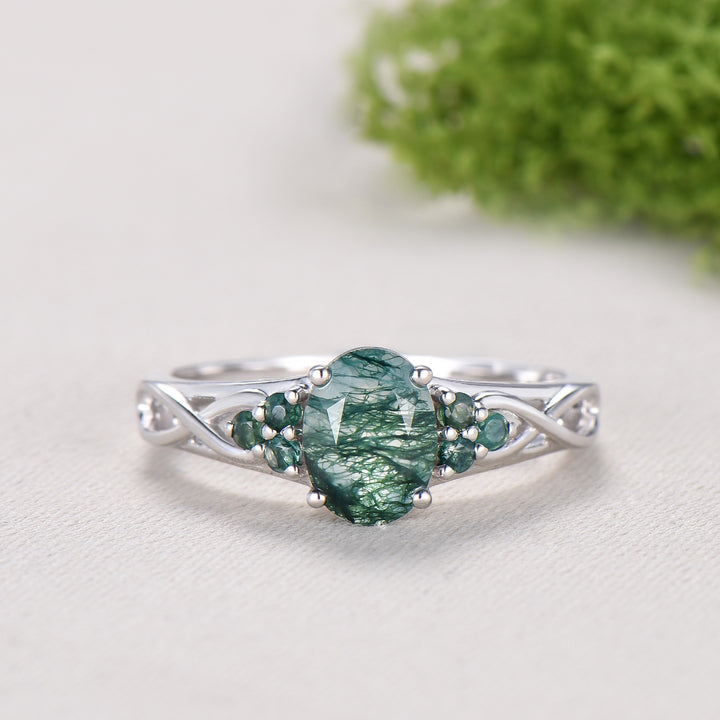 Celtic Knot Oval Natural Moss Agate Engagement Ring Solid 14K/18K White Gold Unique Infinity Ring Cluster Wedding Ring Anniversary gifts