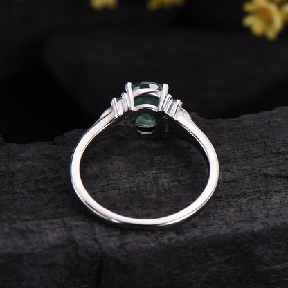 Unique Celtic Knot Oval Cut Natural Moss Agate Engagement Ring Unique Norse Viking Cluster Baguette Amethyst Wedding Ring Anniversary gifts