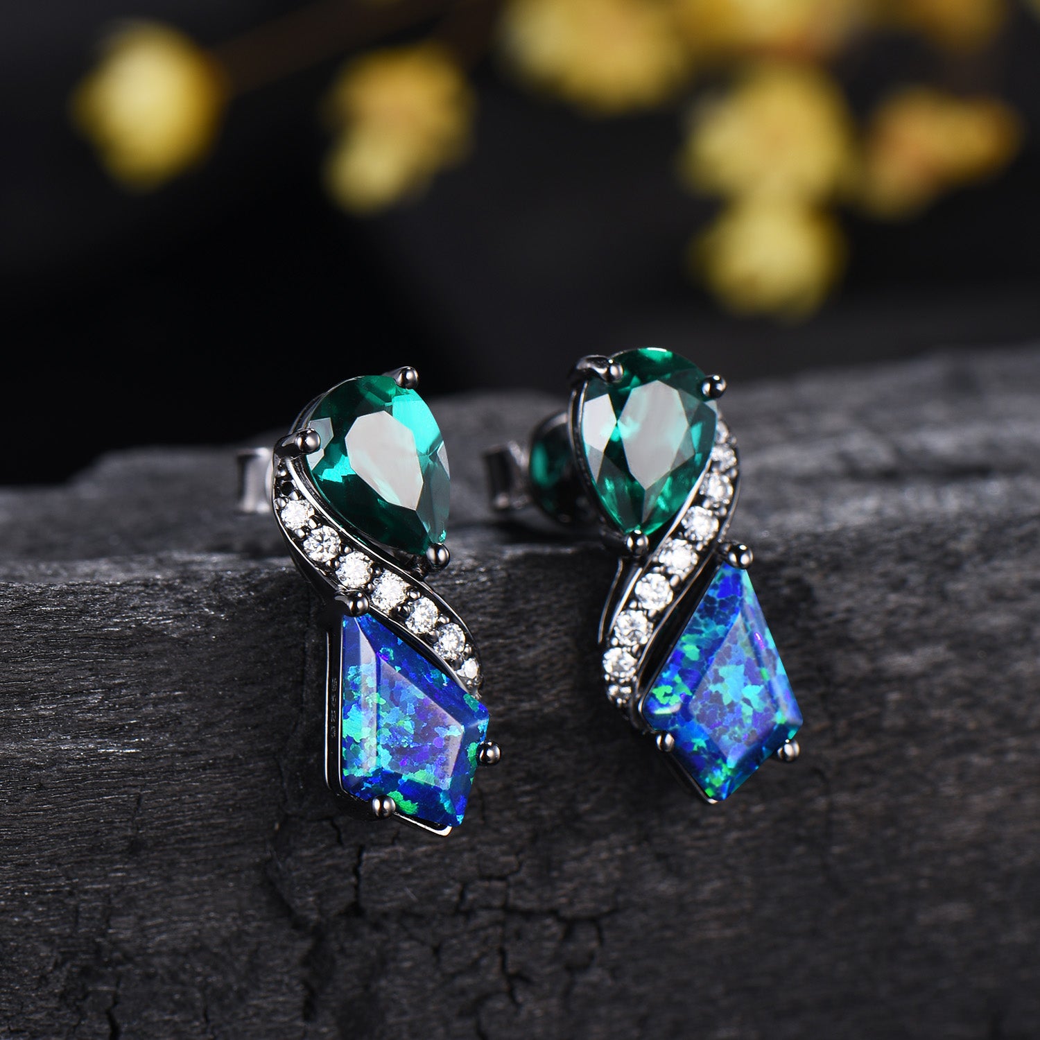 Gothic Black Gold Opal Emerald Stud Earrings, Vintage Art Deco Style Drop Earrings, Kite Black Fire Opal & Pearl Emerald Nature Inspired