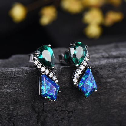 Gothic Black Gold Opal Emerald Stud Earrings, Vintage Art Deco Style Drop Earrings, Kite Black Fire Opal & Pearl Emerald Nature Inspired