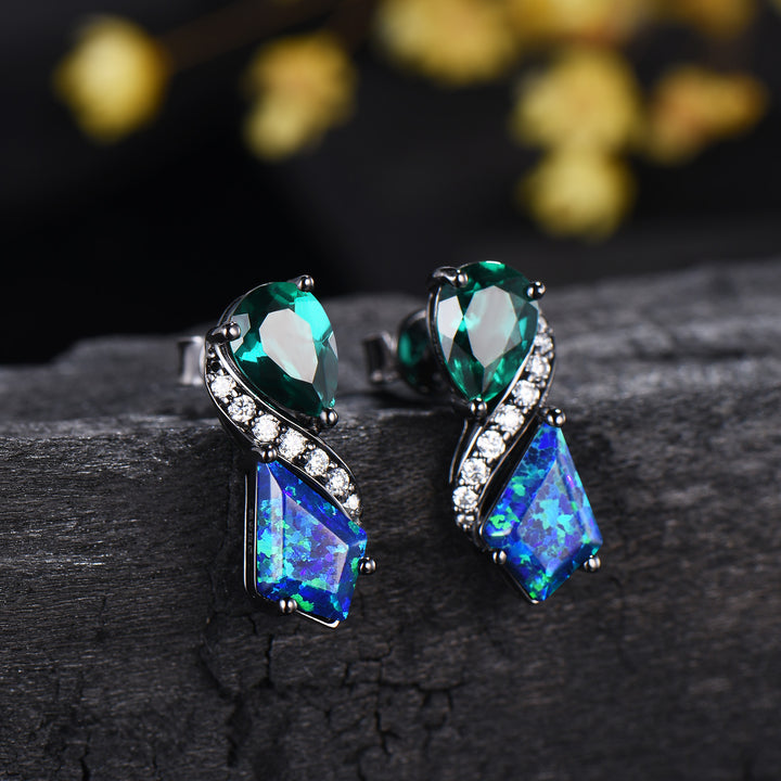 Gothic Black Gold Opal Emerald Stud Earrings, Vintage Art Deco Style Drop Earrings, Kite Black Fire Opal & Pearl Emerald Nature Inspired