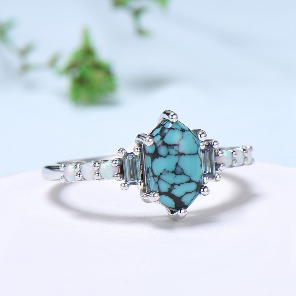 Unique turquoise engagement ring Long hexagon cut turquoise cluster baguette alexandrite opal wedding ring art deco proposal gifts for women - PENFINE