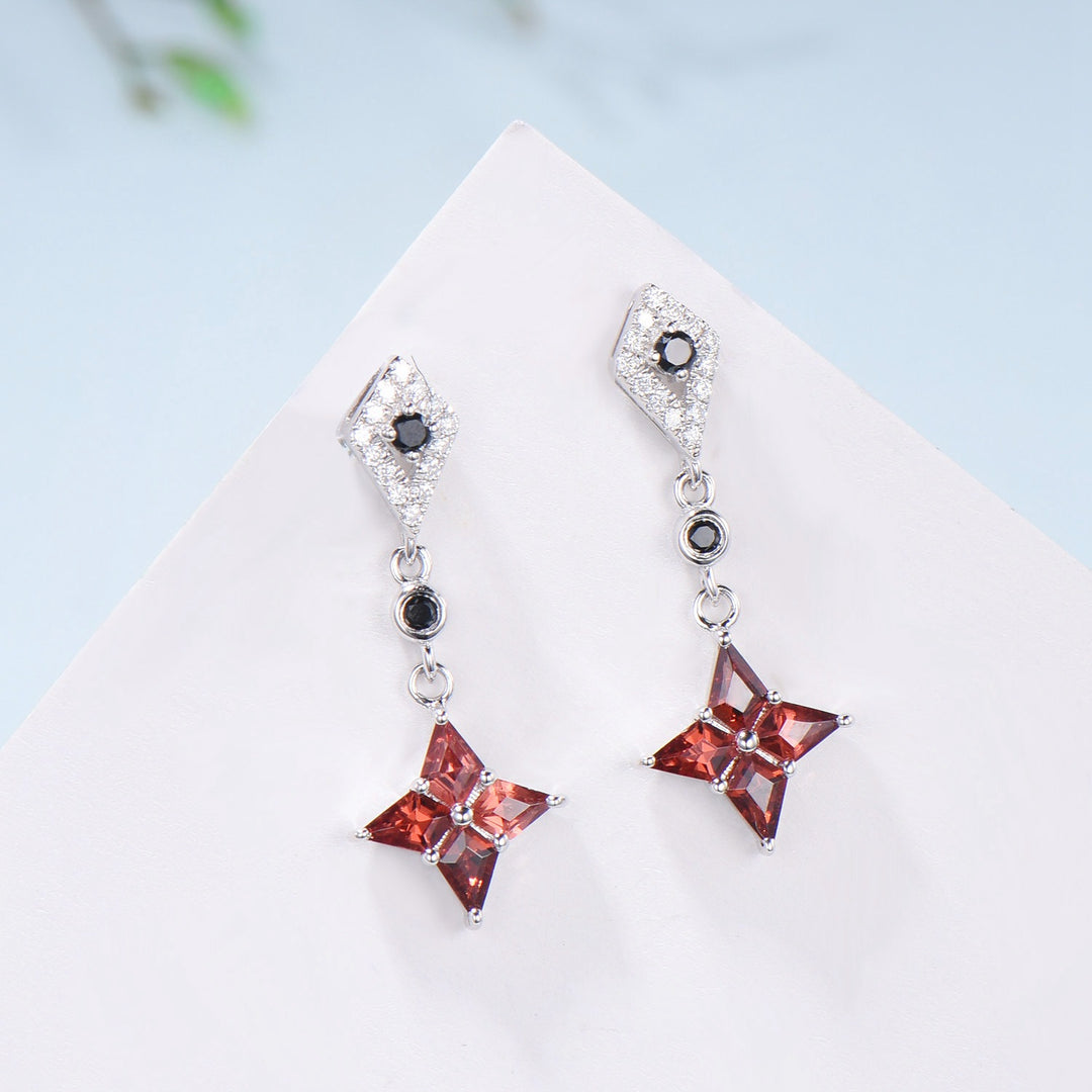 Kite Cut Natural Garnet Drop Earrings with Black Spinel & Moissanite Diamond - PENFINE