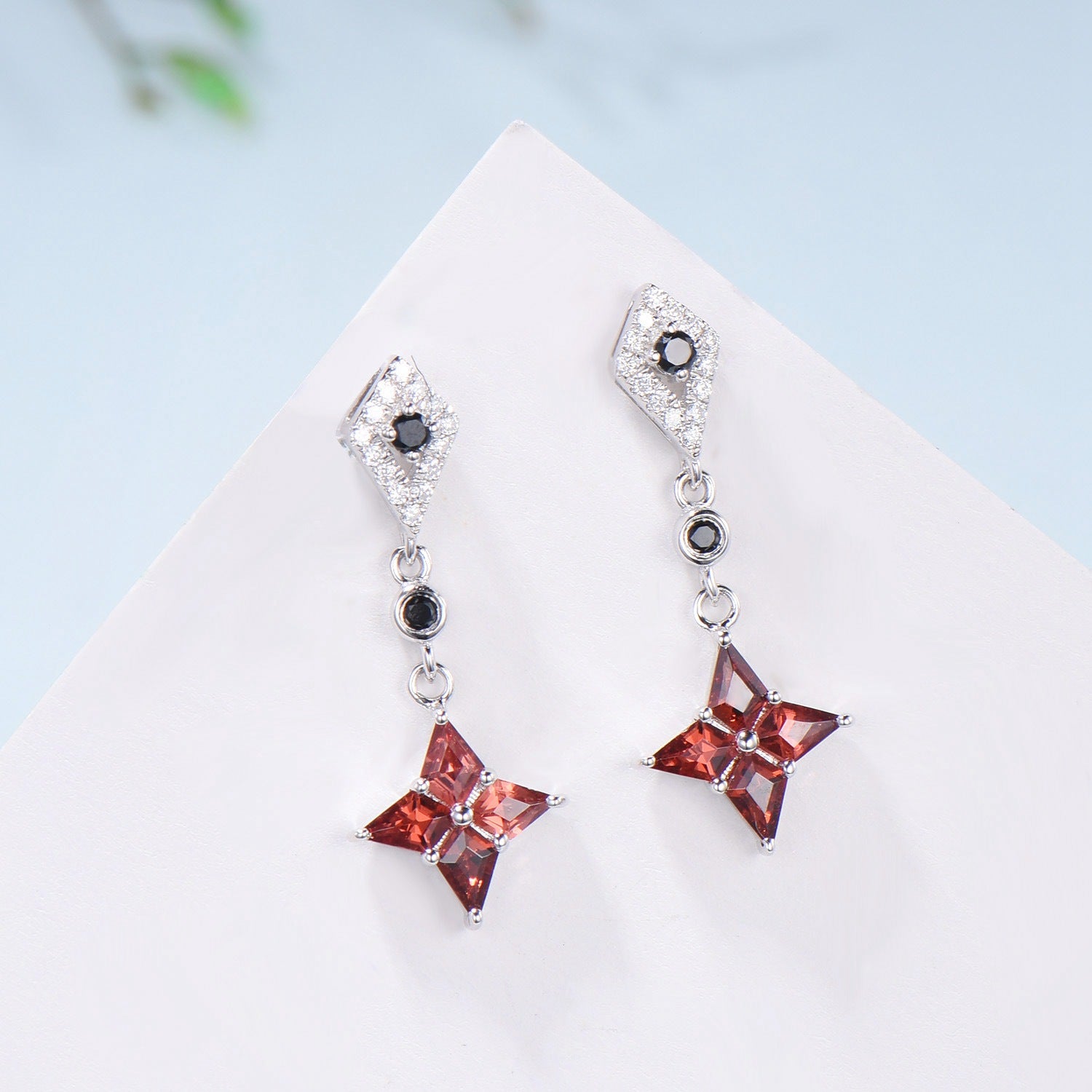 Kite Cut Natural Garnet Drop Earrings with Black Spinel & Moissanite Diamond - PENFINE