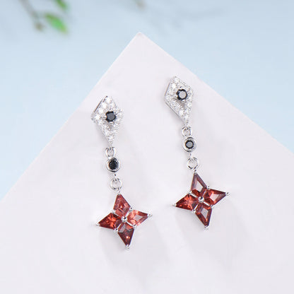 Kite Cut Natural Garnet Drop Earrings with Black Spinel & Moissanite Diamond - PENFINE