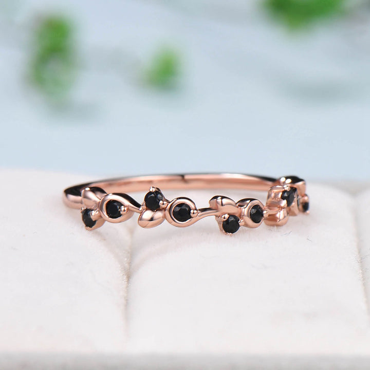 Retro Queen Wedding Band Vintage Black Spinel Stacking Ring For Women Rose Gold Art Deco fianc¨¦e Wedding Ring Anniversary Gift - PENFINE