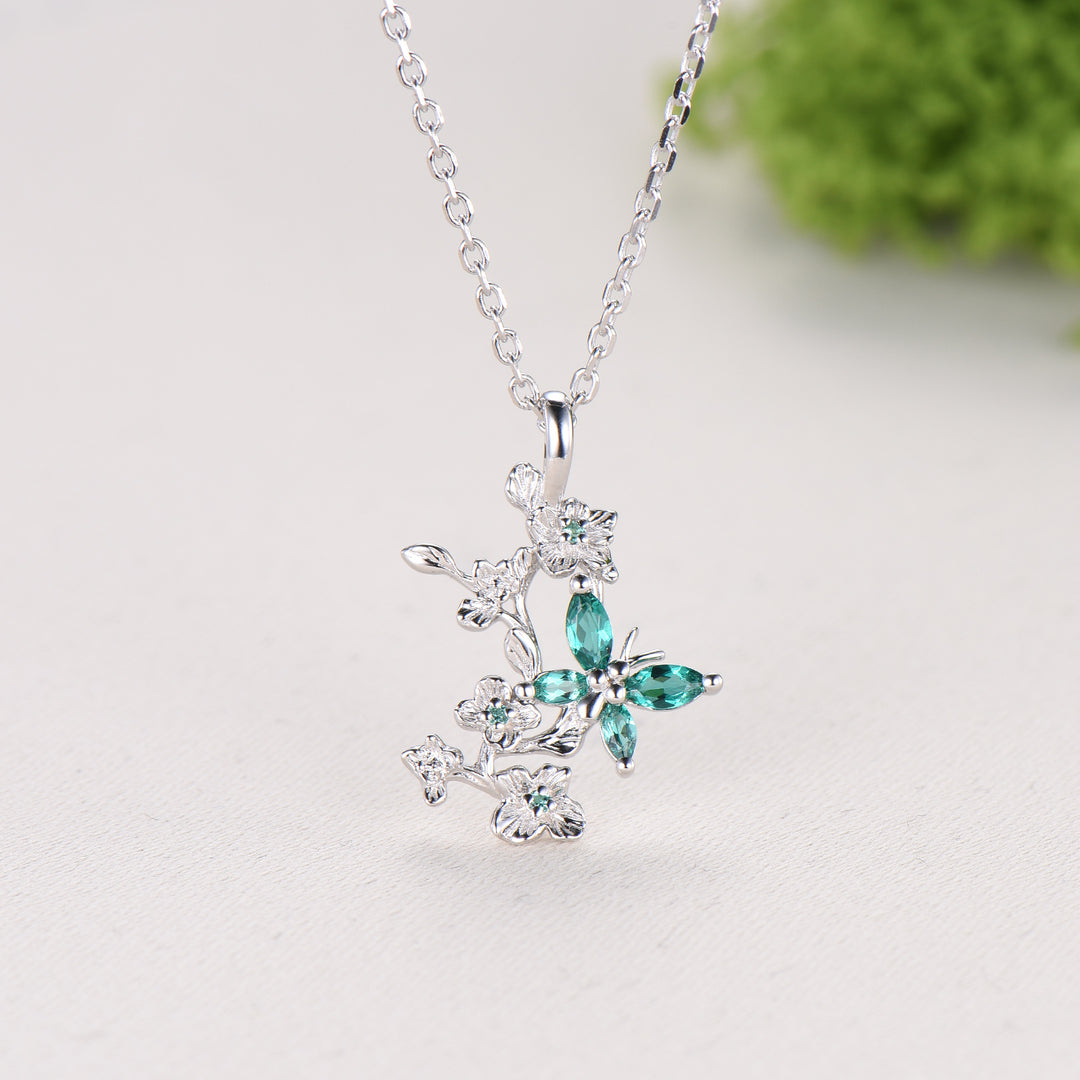 Emerald Green Crystal Butterfly Necklace, Floral Branch Pendant - PENFINE