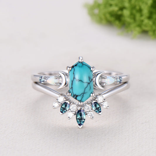 Vintage long hexagon turquoise engagement ring set unique five stone pear White opal art deco alexandrite wedding ring set anniversary gift