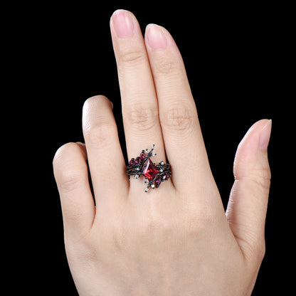 Unique gothic kite cut ruby engagement ring set black gold cluster engagement ring leaf branch nature inspired marquise ruby wedding set