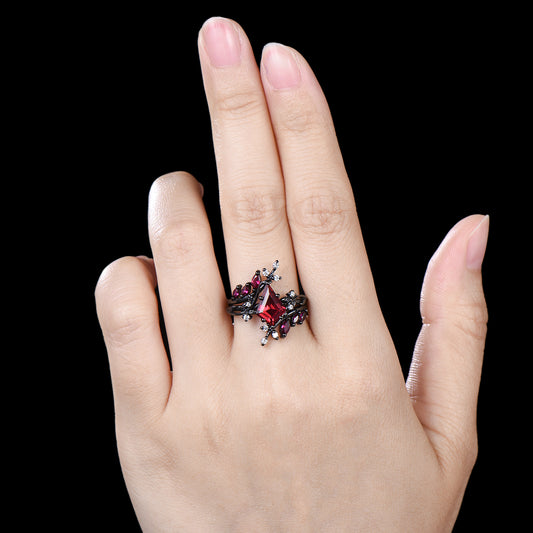 Unique gothic kite cut ruby engagement ring set black gold cluster engagement ring leaf branch nature inspired marquise ruby wedding set