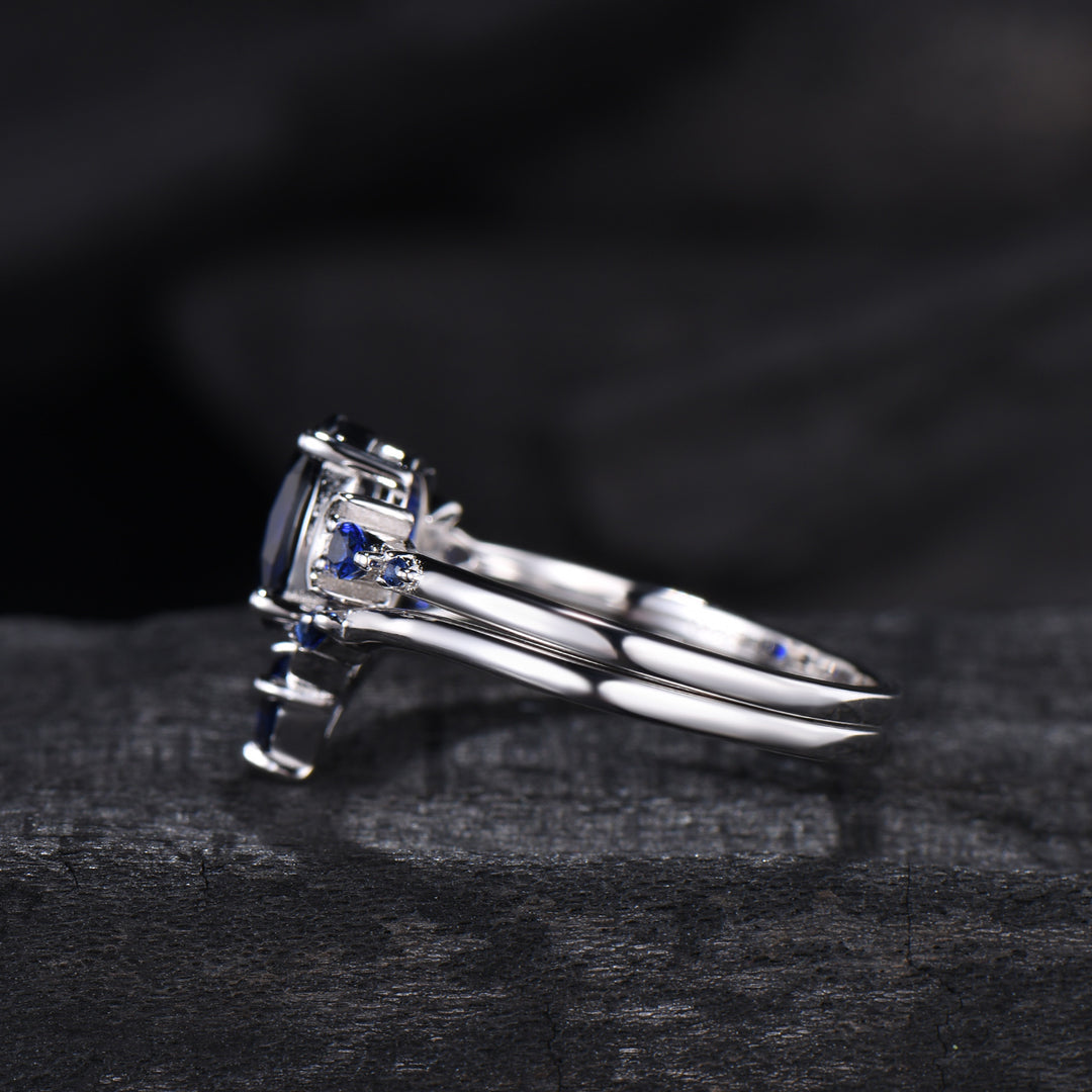1.5 Carat oval blue sapphire engagement ring set vintage five stone moon engagement ring Elegant white gold pear sapphire wedding ring set - PENFINE