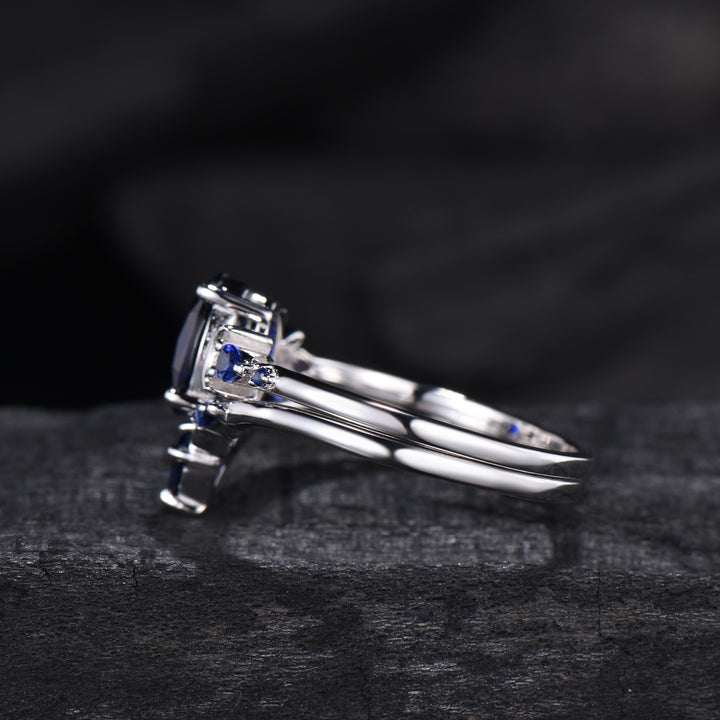 1.5 Carat oval blue sapphire engagement ring set vintage five stone moon engagement ring Elegant white gold pear sapphire wedding ring set - PENFINE
