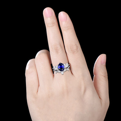 Oval Sapphire Wedding Ring Set Rose Gold Sapphire Diamond Engagement Ring Set Vintage Leaf Stacking Ring Natural Inspired Promise Ring - PENFINE