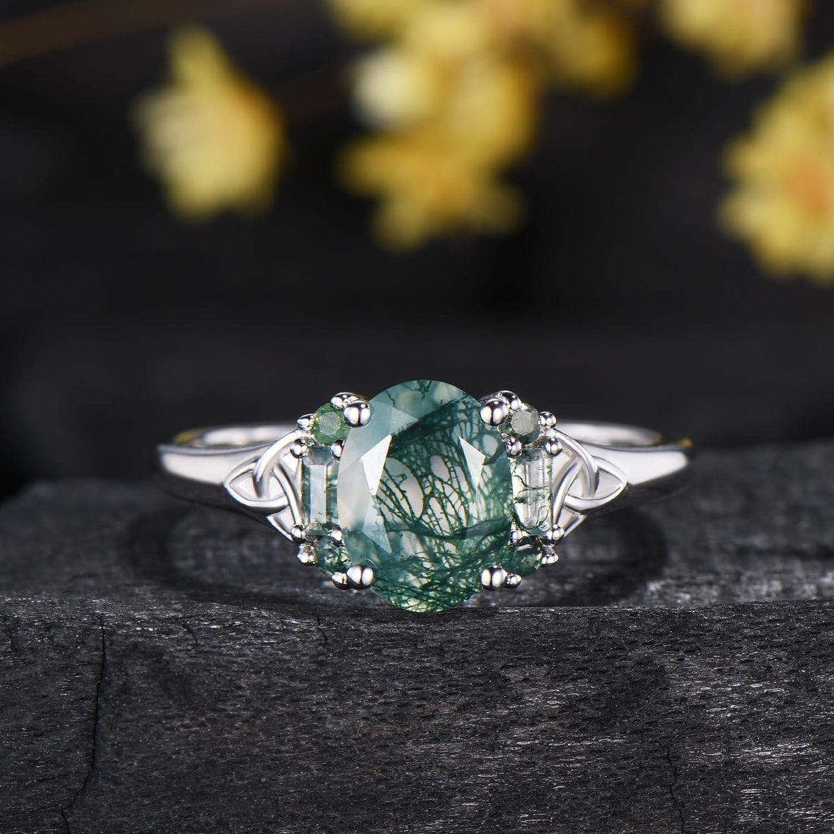 Unique Celtic Knot Oval Cut Natural Moss Agate Engagement Ring Unique Norse Viking Cluster Baguette Amethyst Wedding Ring Anniversary gifts