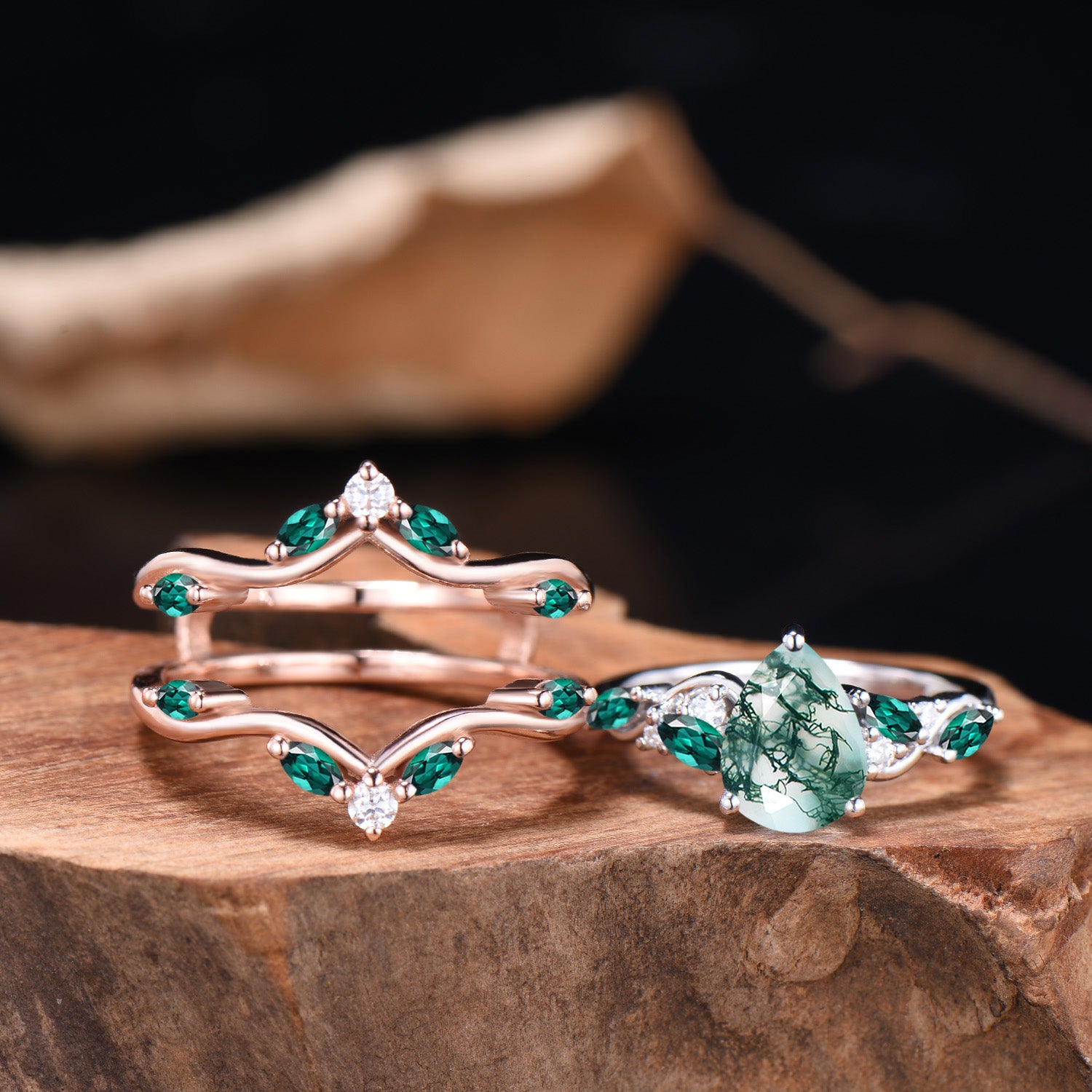 Pear Cut Moss Agate Engagement Ring Set Rose Gold Emerald Cluster Enhancer Bridal Set
