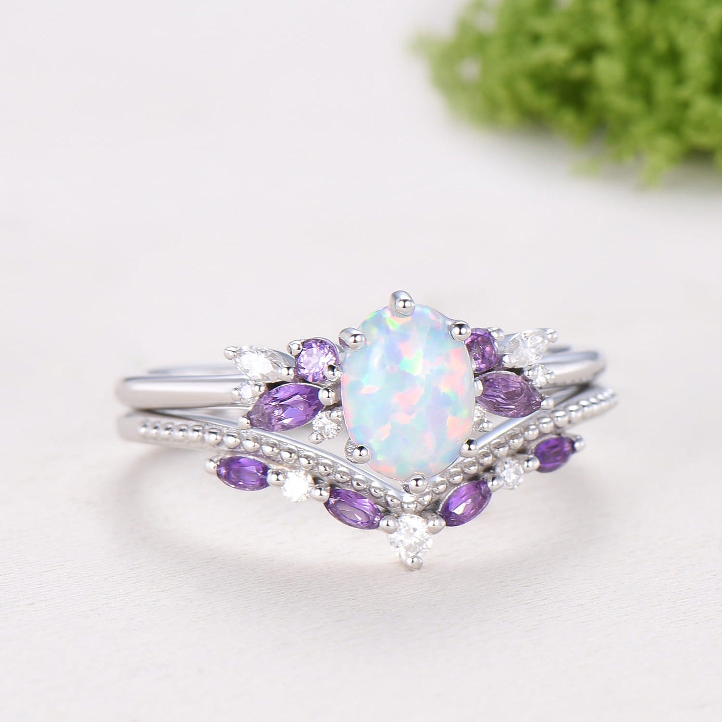 Unique White Opal Engagement Ring Set Alternative Cluster Amethyst Fire Opal Wedding Ring Vintage  Bee Opal Amethyst Bridal Set For Women