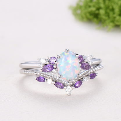 Unique White Opal Engagement Ring Set Alternative Cluster Amethyst Fire Opal Wedding Ring Vintage  Bee Opal Amethyst Bridal Set For Women